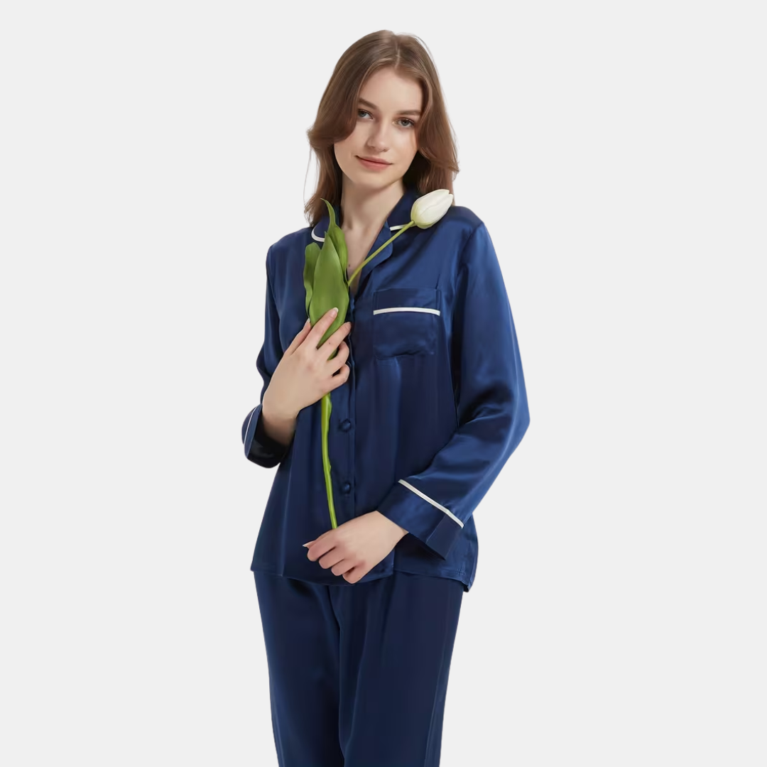 Striped Satin Pyjama Set for Women – Long Sleeve Button Up Two Piece Sleepwear
