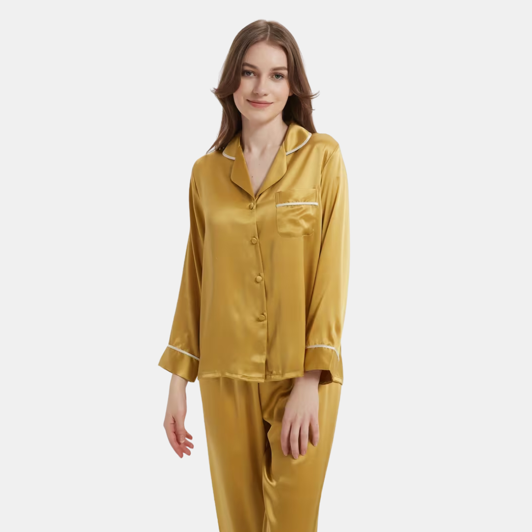 Striped Satin Pyjama Set for Women – Long Sleeve Button Up Two Piece Sleepwear