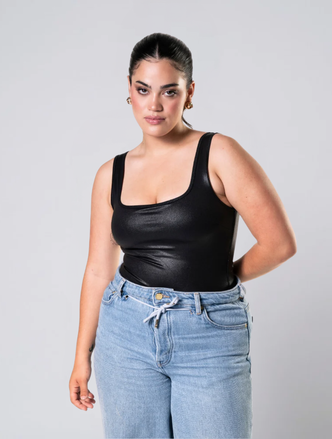 Faux Leather Bodysuit for Women – Long Sleeve Stretch Body with Smooth Finish