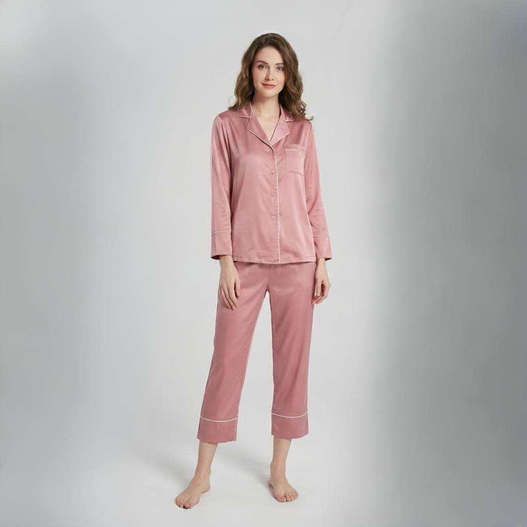 Women’s Satin Pyjama Set – Long Sleeve Button Up Two Piece Sleepwear Set