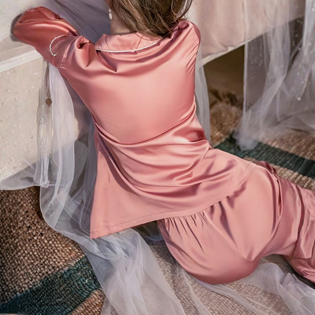 Women’s Satin Pyjama Set – Long Sleeve Button Up Two Piece Sleepwear Set