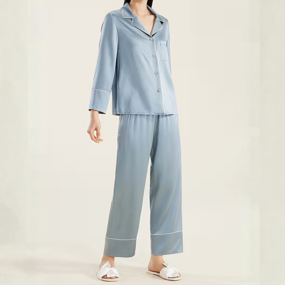 Women’s Satin Pyjama Set – Long Sleeve Button Up Two Piece Sleepwear Set