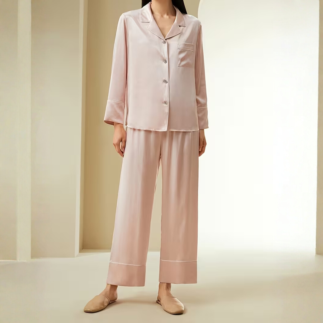 Women’s Satin Pyjama Set – Long Sleeve Button Up Two Piece Sleepwear Set