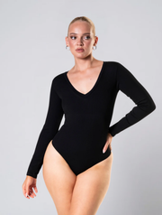 Seamless Ribbed Long Sleeve Bodysuit for Women – Scoop Neck Stretch Body