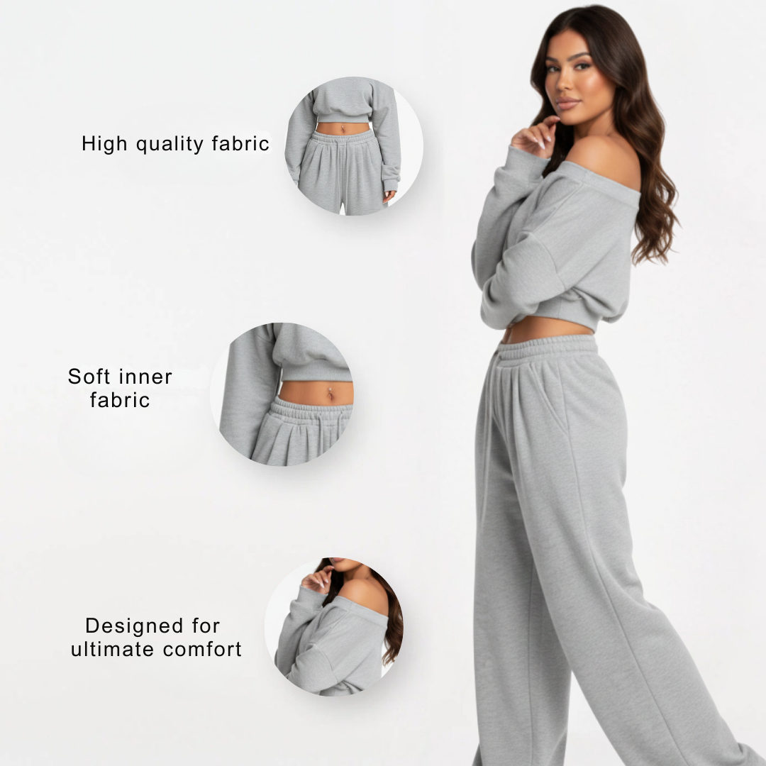 Off Shoulder Two Piece Set for Women – Long Sleeve Top and Pants Co Ord Outfit