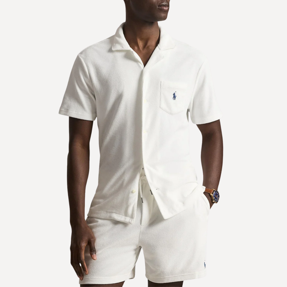 Men's White Custom Slim Fit Terry Camp Shirt