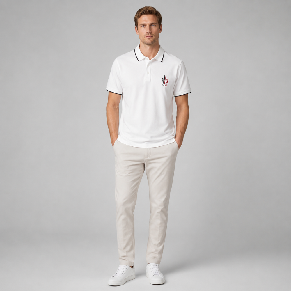 Moncler Grenoble White Logo Patch Polo Shirt with Contrast Trim