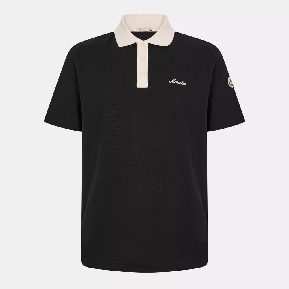 Moncler Men's Black Cotton Piqué Contrast Collar Logo Polo Shirt