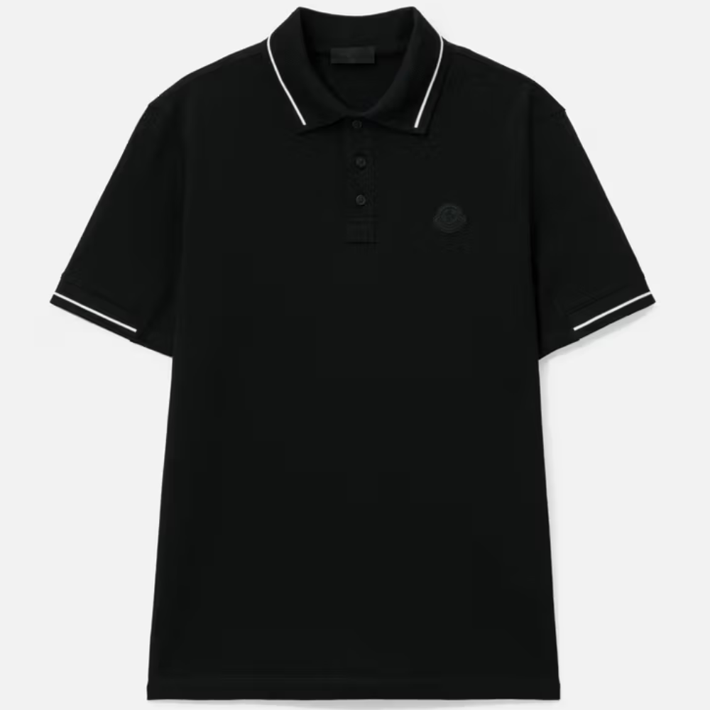 Moncler Men's Black Cotton Short Sleeve Contrast Trim Logo Patch Polo Shirt