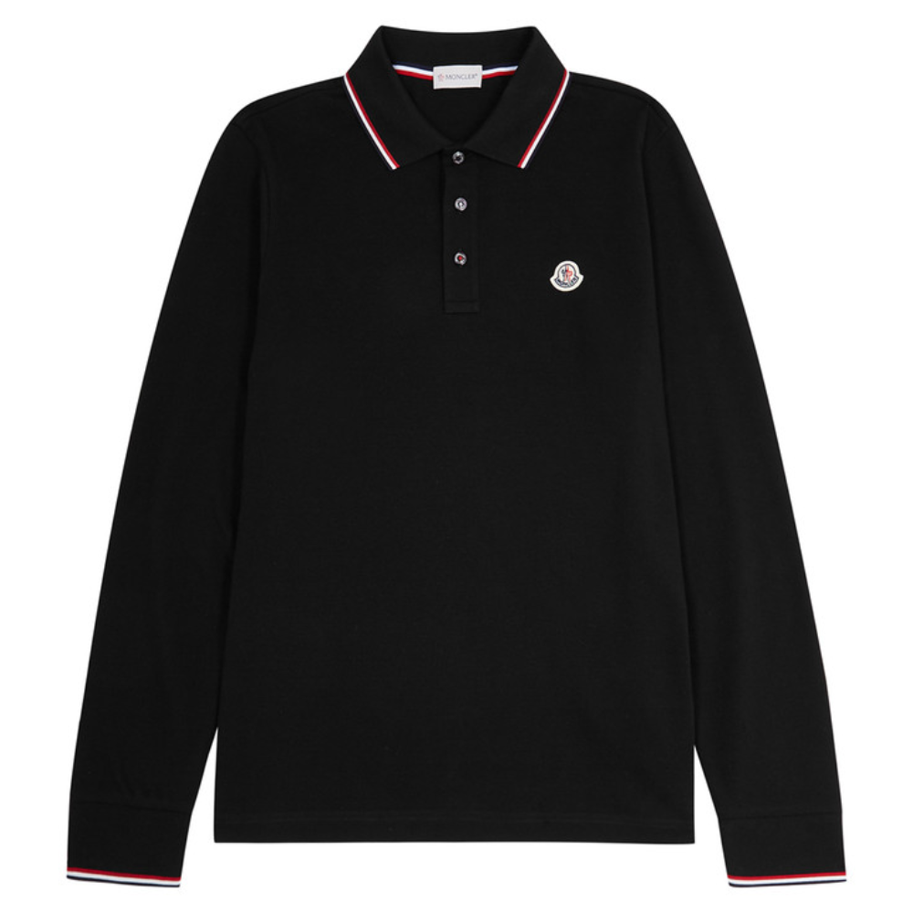 Moncler Men's Long Sleeve Contrast Trim Logo Patch Polo Shirt