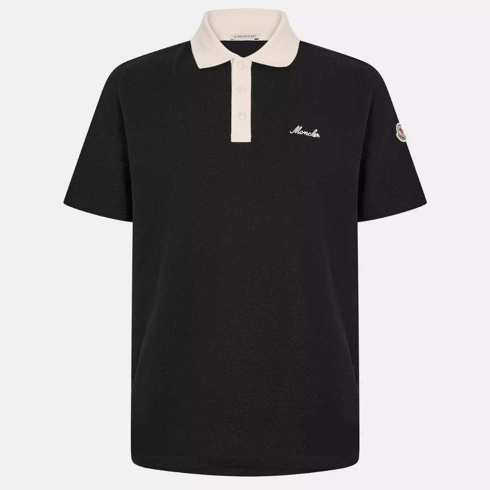 Moncler Men's Black Short Sleeve Contrast Collar Logo Polo Shirt
