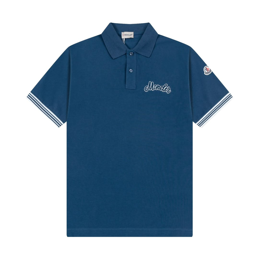 Moncler Men's Blue Cotton Piqué Striped Trim Embroidered Logo Polo Shirt