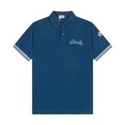 Moncler Men's Blue Cotton Piqué Striped Trim Embroidered Logo Polo Shirt