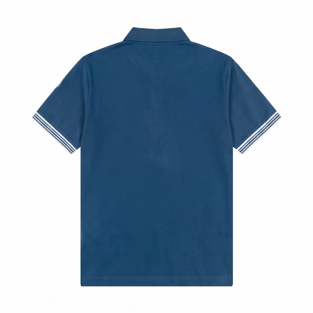 Moncler Men's Blue Cotton Piqué Striped Trim Embroidered Logo Polo Shirt