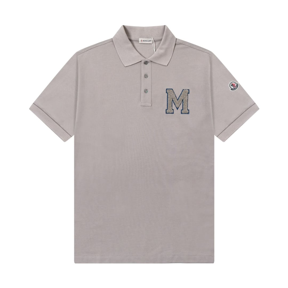 Moncler Men's Grey Cotton Piqué Varsity M Logo Short Sleeve Polo Shirt