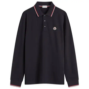 Moncler Men's Navy Cotton Piqué Long Sleeve Tricolour Trim Logo Patch Polo Shirt