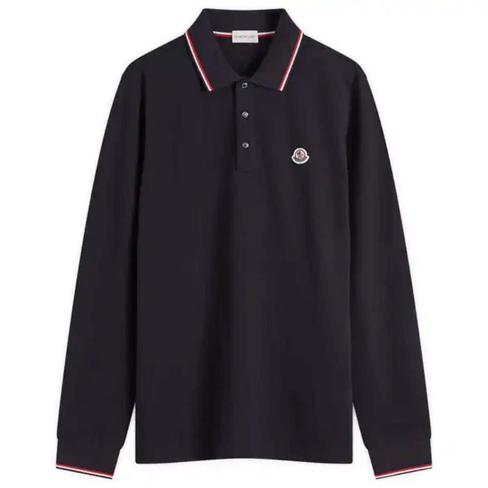 Moncler Men's Navy Cotton Piqué Long Sleeve Tricolour Trim Logo Patch Polo Shirt