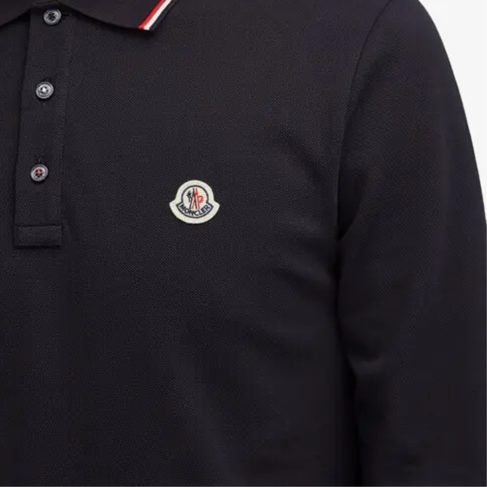 Moncler Men's Navy Cotton Piqué Long Sleeve Tricolour Trim Logo Patch Polo Shirt