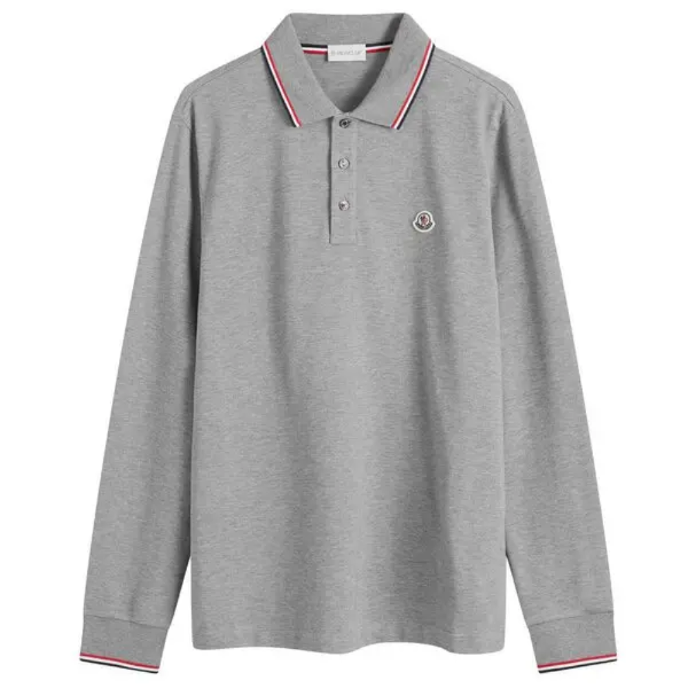 Moncler Men's Navy Cotton Piqué Long Sleeve Tricolour Trim Logo Patch Polo Shirt