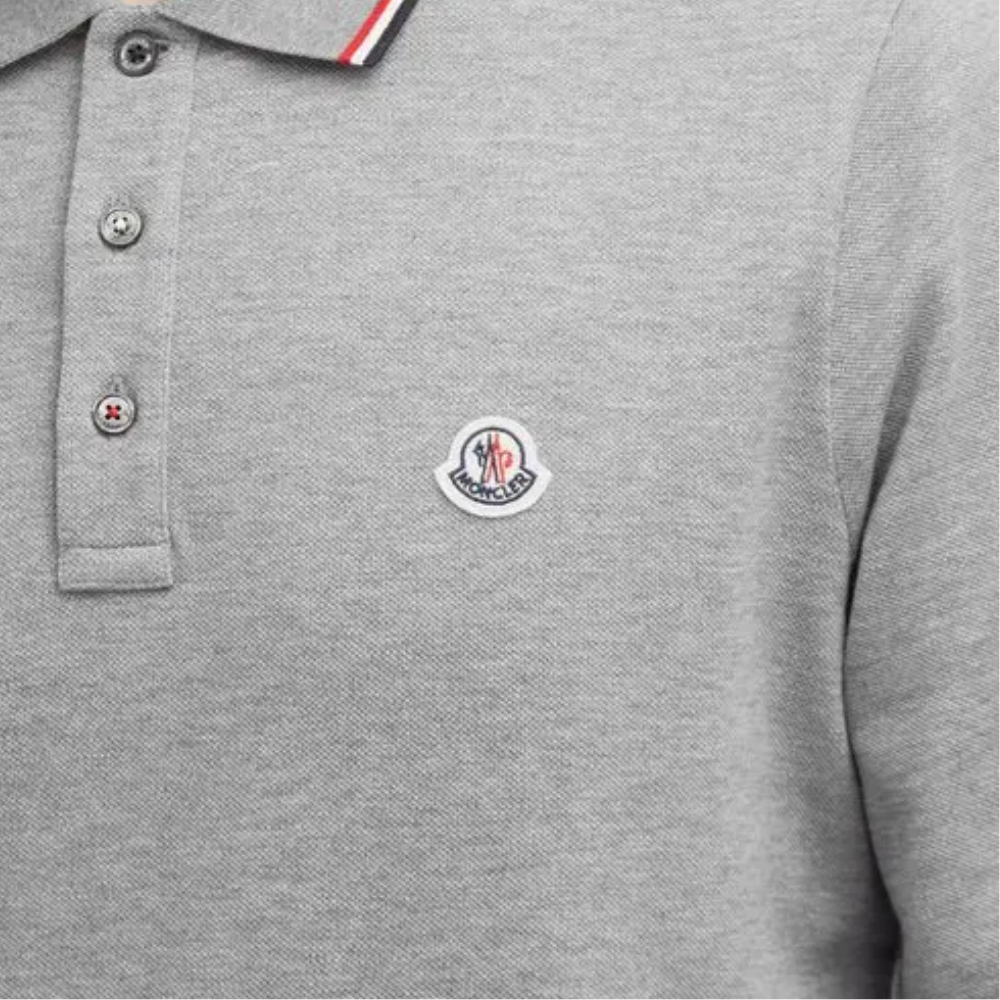Moncler Men's Navy Cotton Piqué Long Sleeve Tricolour Trim Logo Patch Polo Shirt