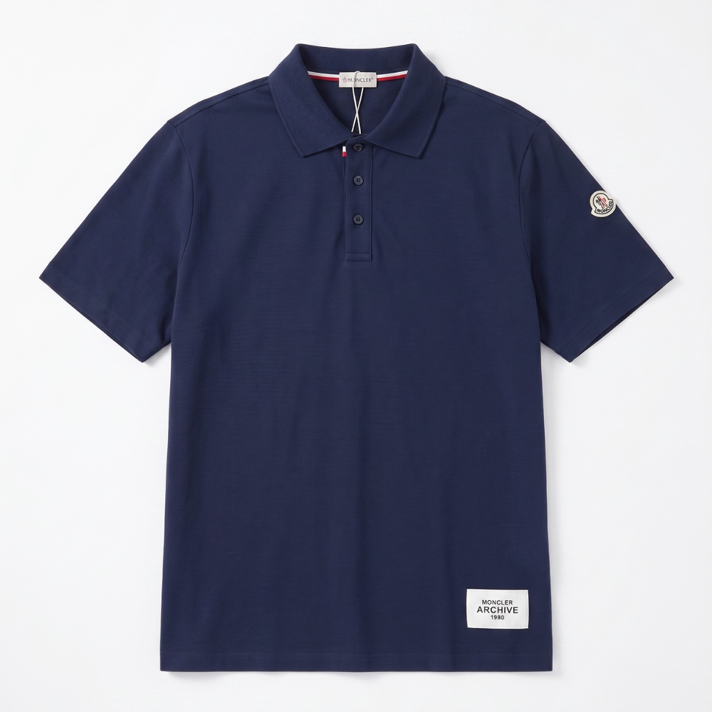 Moncler Men's Navy Cotton Piqué Short Sleeve Logo Patch Polo Shirt