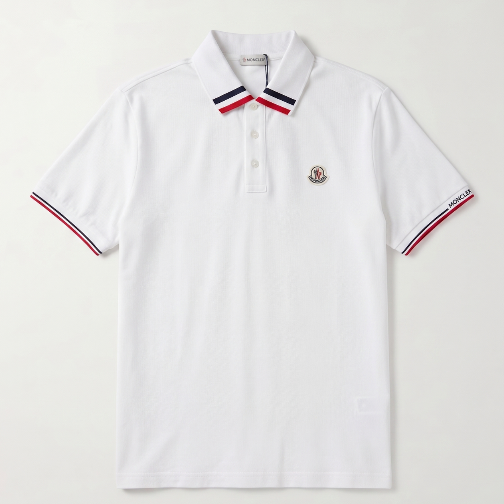 Moncler Men's Optical White Cotton Piqué Tricolour Trim Logo Patch Polo Shirt