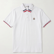 Moncler Men's Optical White Cotton Piqué Tricolour Trim Logo Patch Polo Shirt