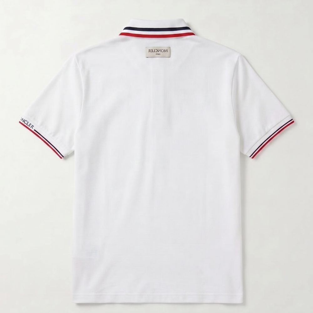 Moncler Men's Optical White Cotton Piqué Tricolour Trim Logo Patch Polo Shirt