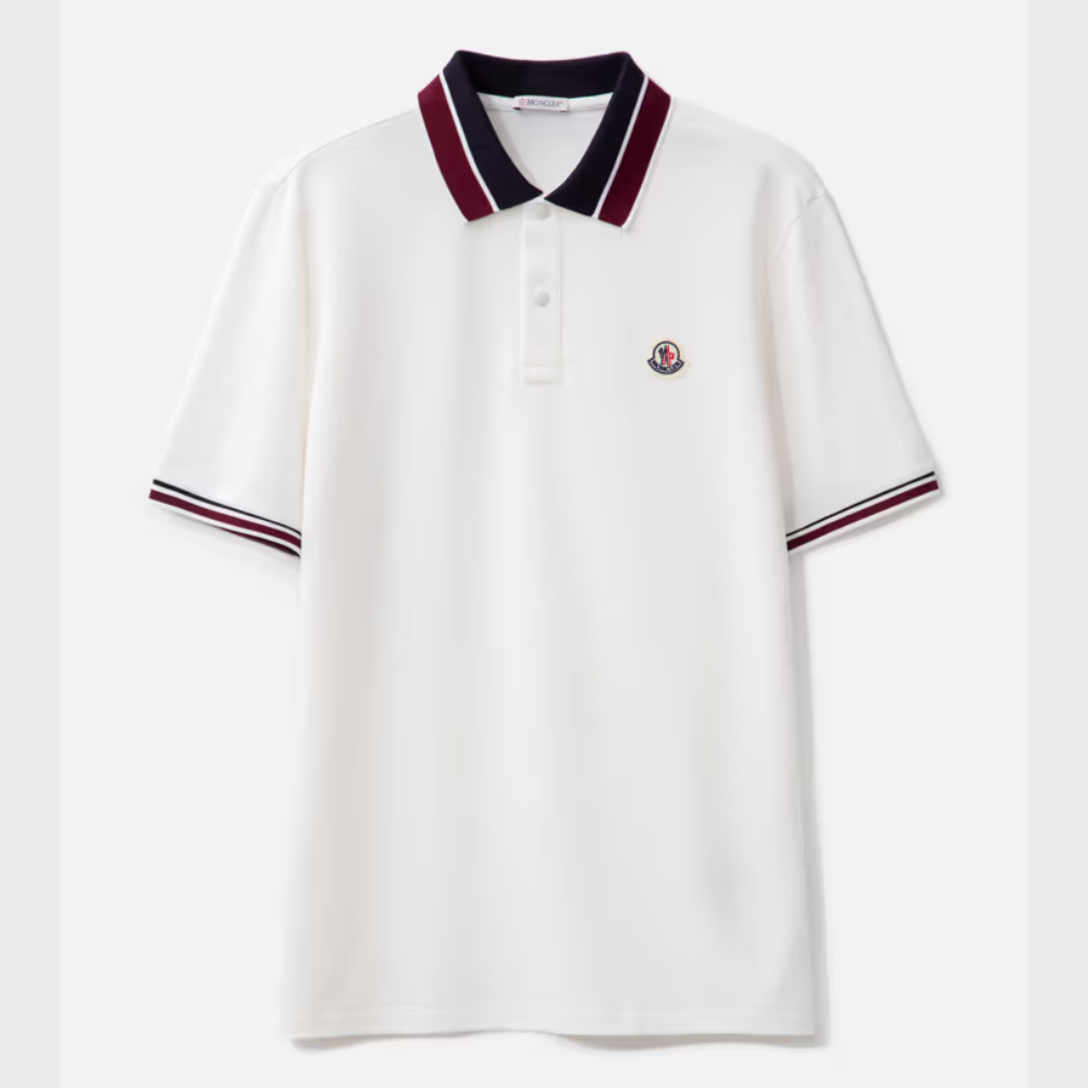 Moncler Men's Optical White Short Sleeve Contrast Trim Logo Patch Polo Shirt
