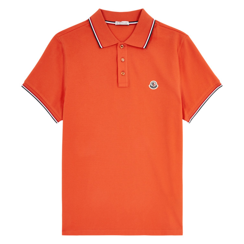 Moncler Men's Orange Cotton Piqué Striped Trim Logo Patch Polo Shirt