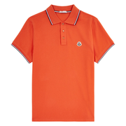 Moncler Men's Orange Cotton Piqué Striped Trim Logo Patch Polo Shirt