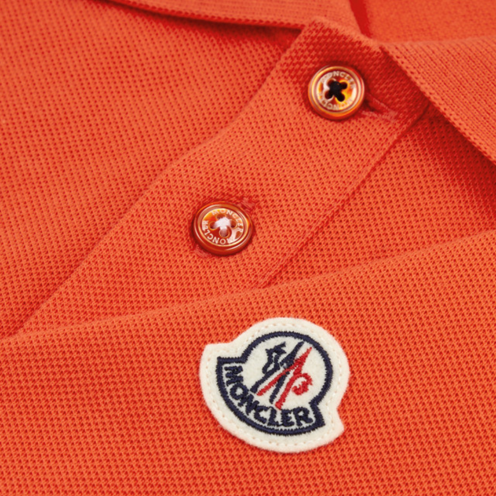 Moncler Men's Orange Cotton Piqué Striped Trim Logo Patch Polo Shirt
