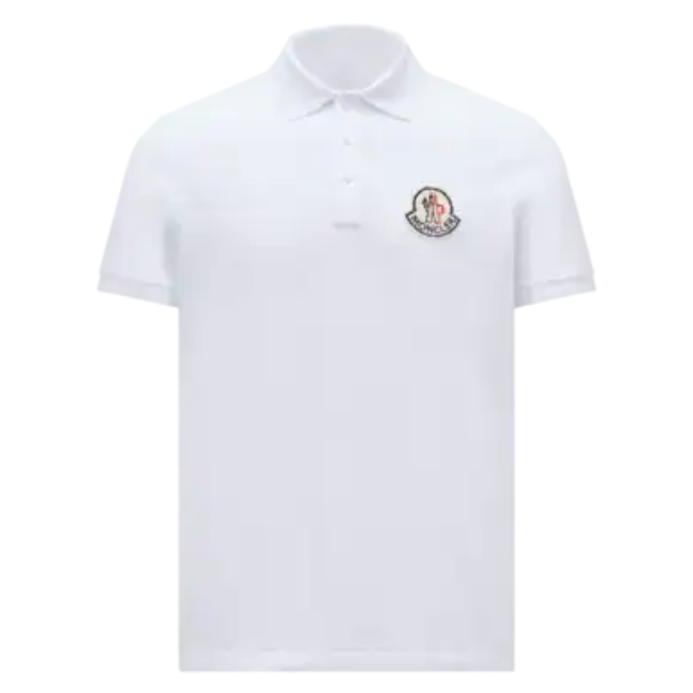 Moncler Men's White Cotton Piqué Short Sleeve Pixel Logo Patch Polo Shirt