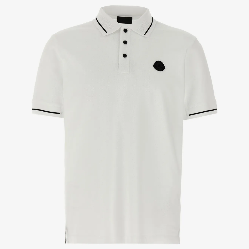 Moncler Men's White Short Sleeve Black Trim Logo Patch Polo Shirt