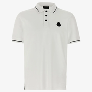 Moncler Men's White Short Sleeve Black Trim Logo Patch Polo Shirt