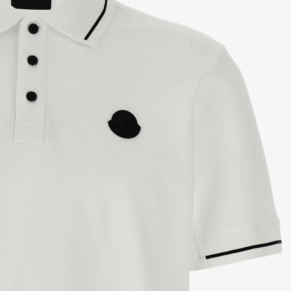 Moncler Men's White Short Sleeve Black Trim Logo Patch Polo Shirt