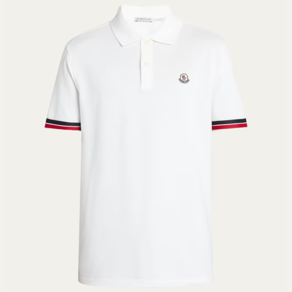 Moncler Men's White Short Sleeve Piqué Striped Trim Logo Patch Polo Shirt