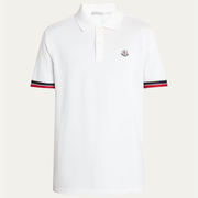 Moncler Men's White Short Sleeve Piqué Striped Trim Logo Patch Polo Shirt