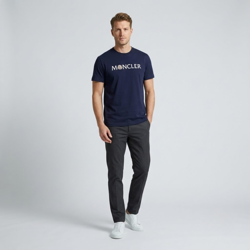 Moncler Navy Cotton T-Shirt with Front Logo