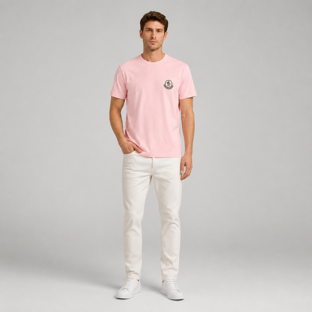 Moncler Pink Cotton T-Shirt with Logo Patch