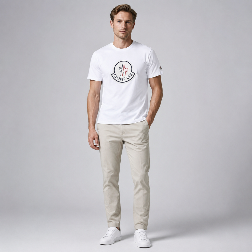Moncler White Crew Neck Embroidered Logo Patch T-Shirt