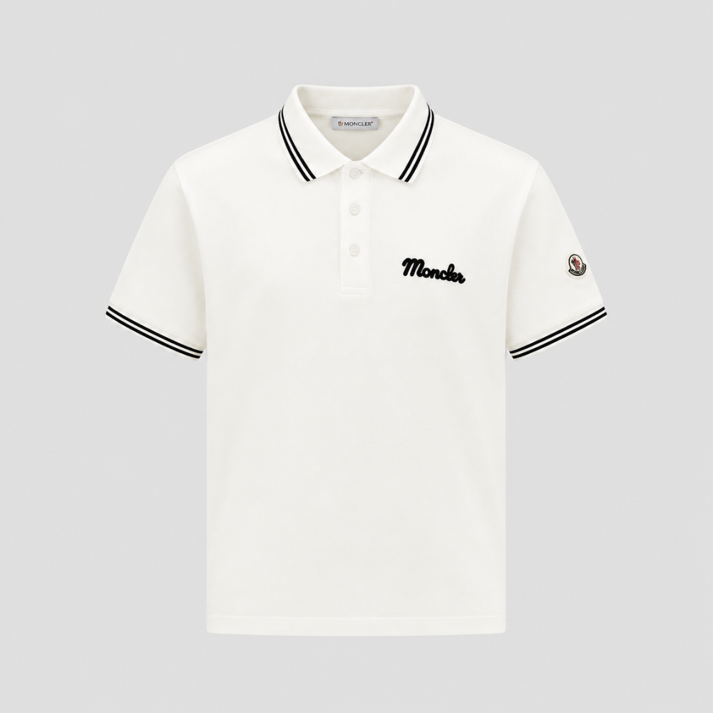 Moncler White Logo Polo Shirt with Contrast Stripe Trim
