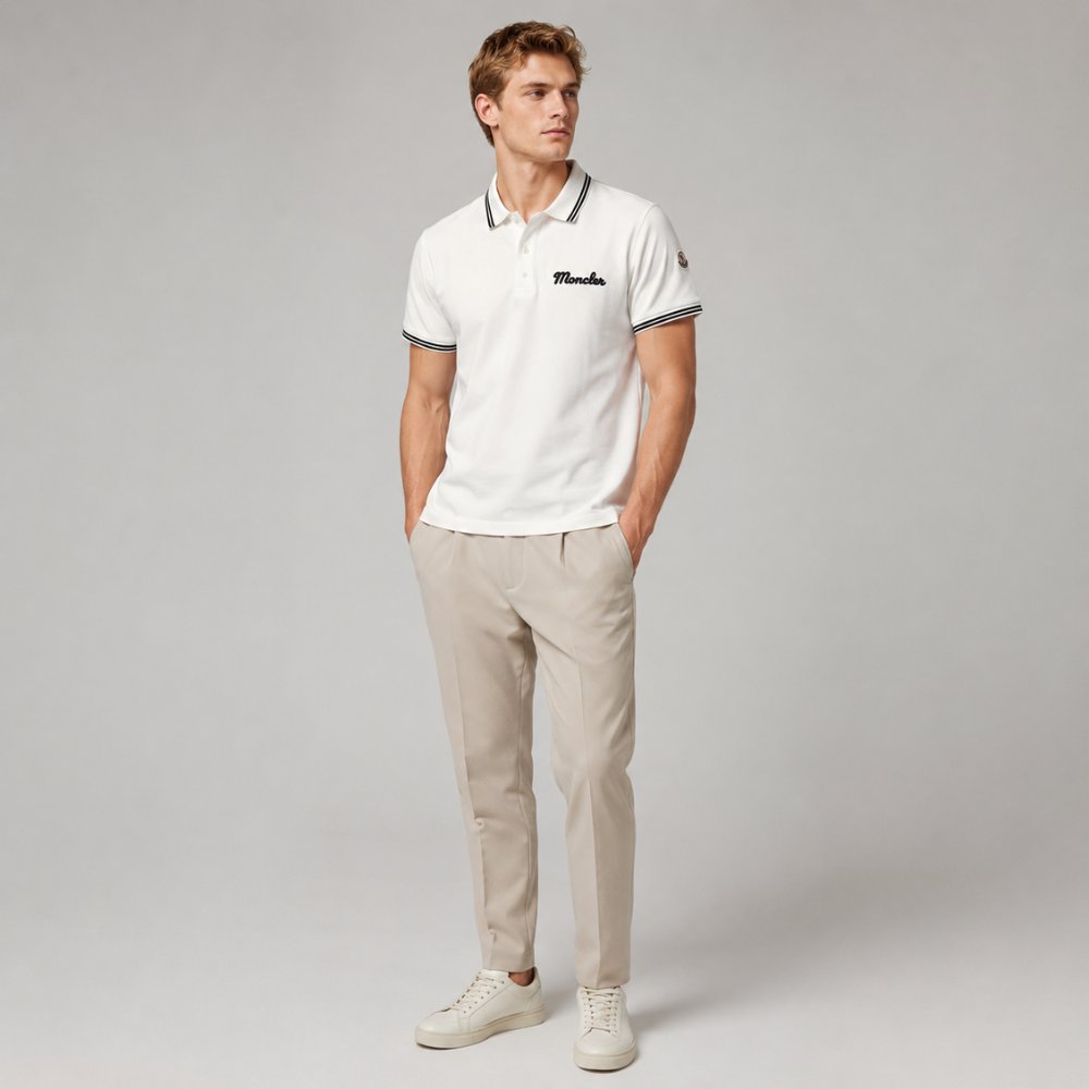 Moncler White Logo Polo Shirt with Contrast Stripe Trim