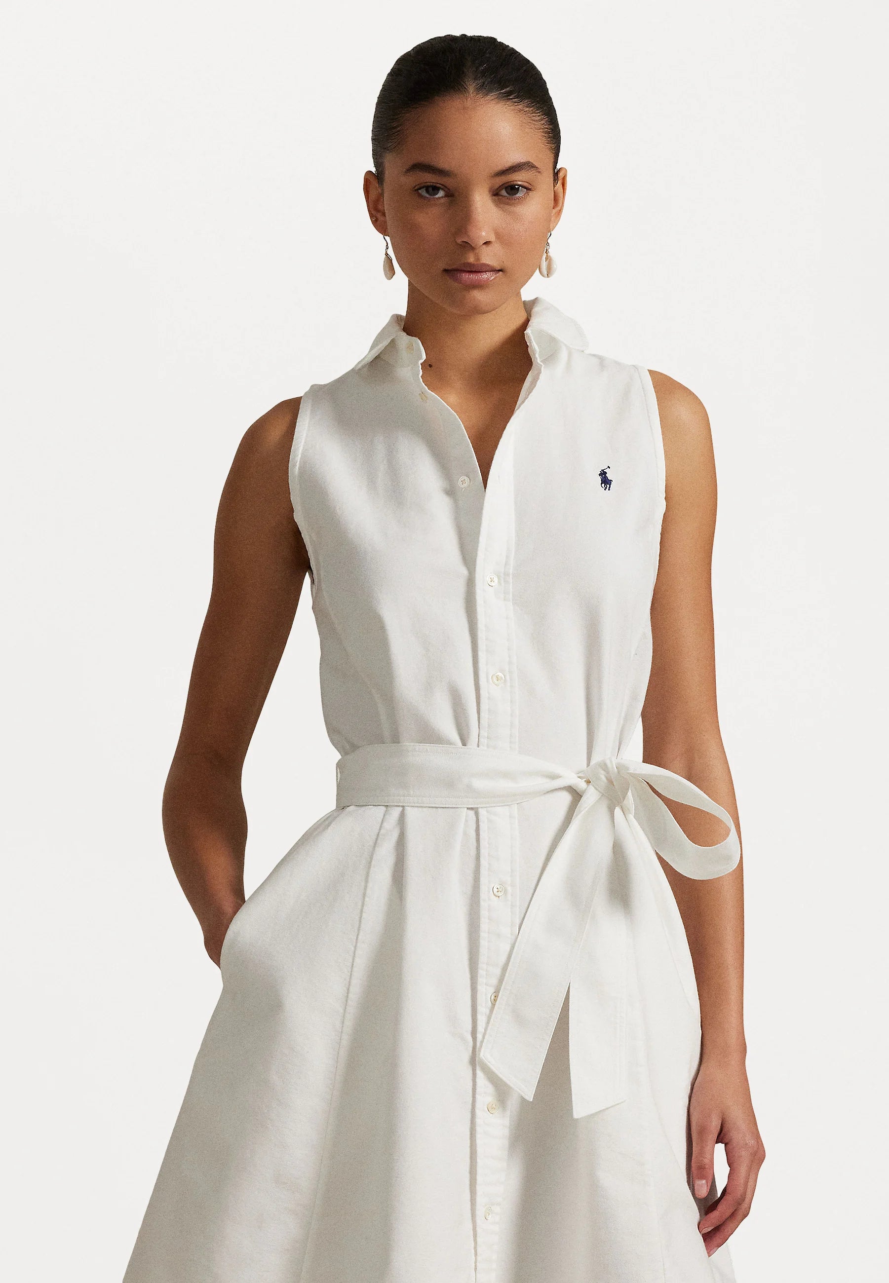 Oxford belted sleeveless shirtdress - blousedress
