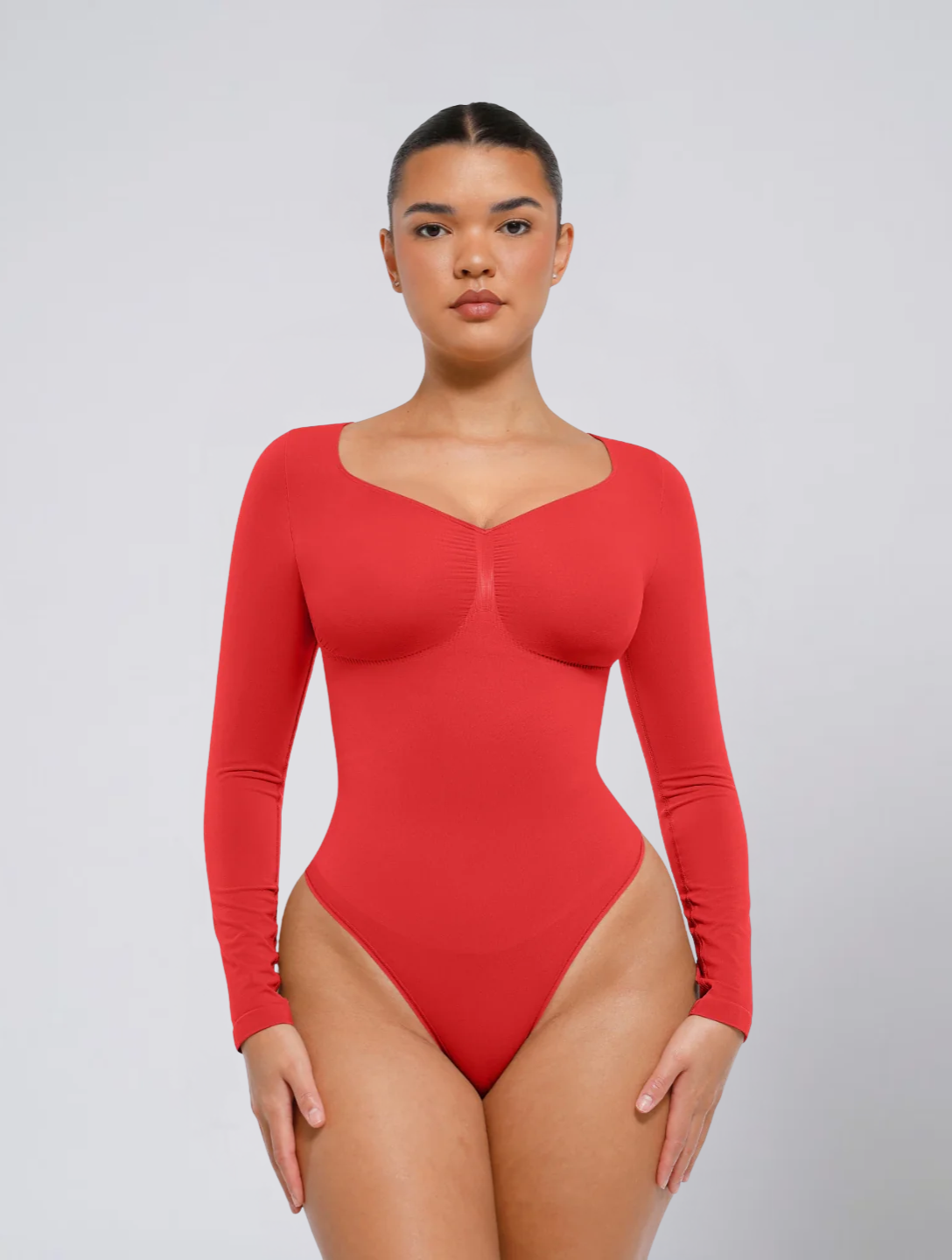 Seamless Long Sleeve Ruched Bodysuit for Women – Stretch Body with Feminine Detail