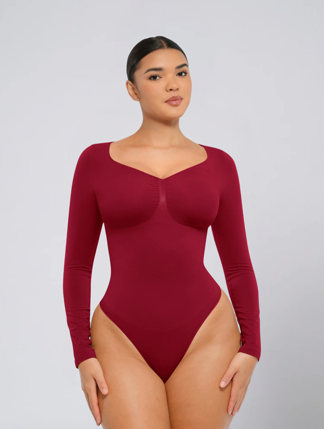 Seamless Long Sleeve Ruched Bodysuit for Women – Stretch Body with Feminine Detail