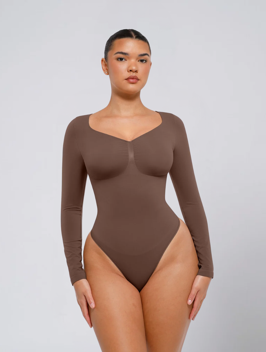 Seamless Long Sleeve Ruched Bodysuit for Women – Stretch Body with Feminine Detail