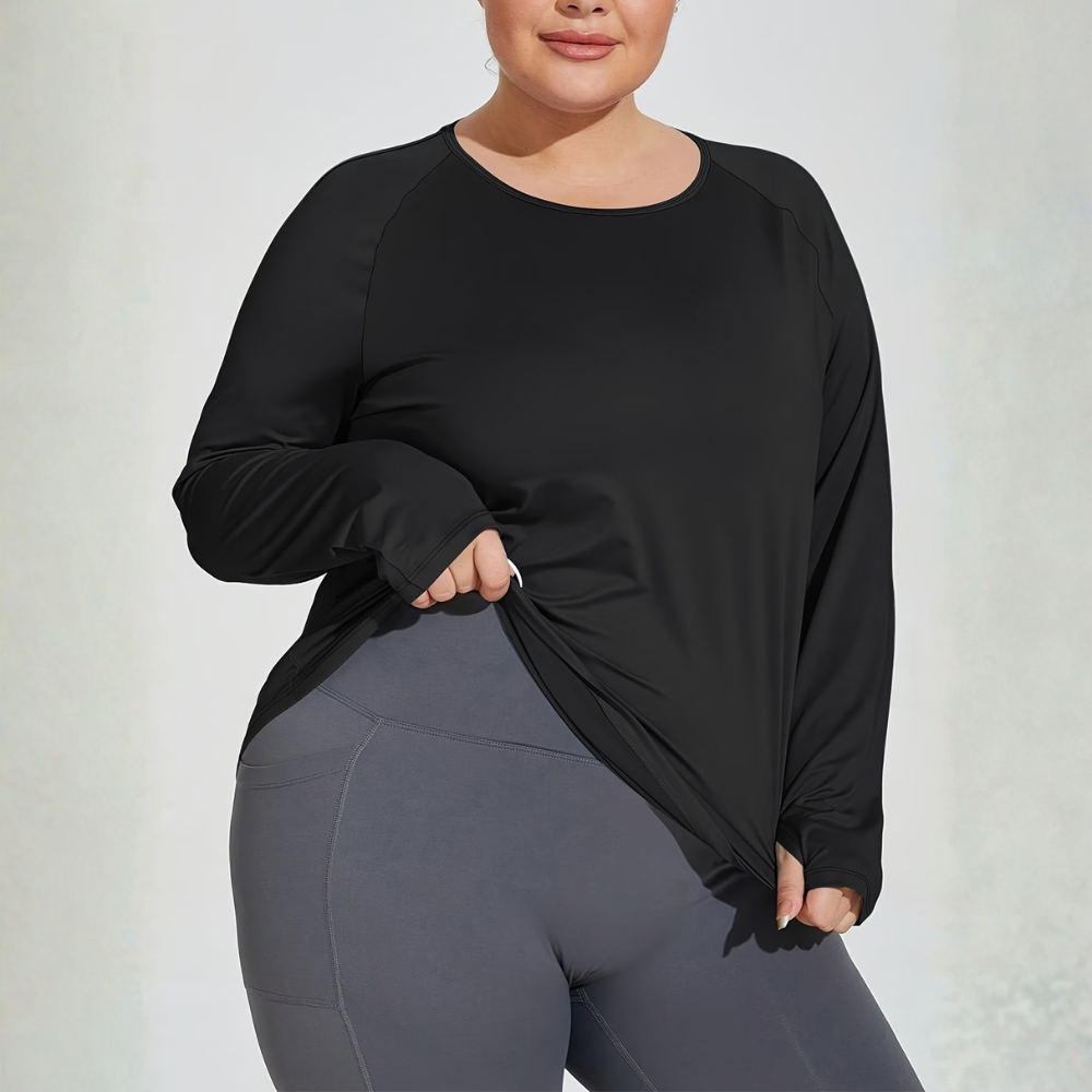 Plus Size Long Sleeve Workout Top for Women – Round Neck Gym Top with Thumb Holes