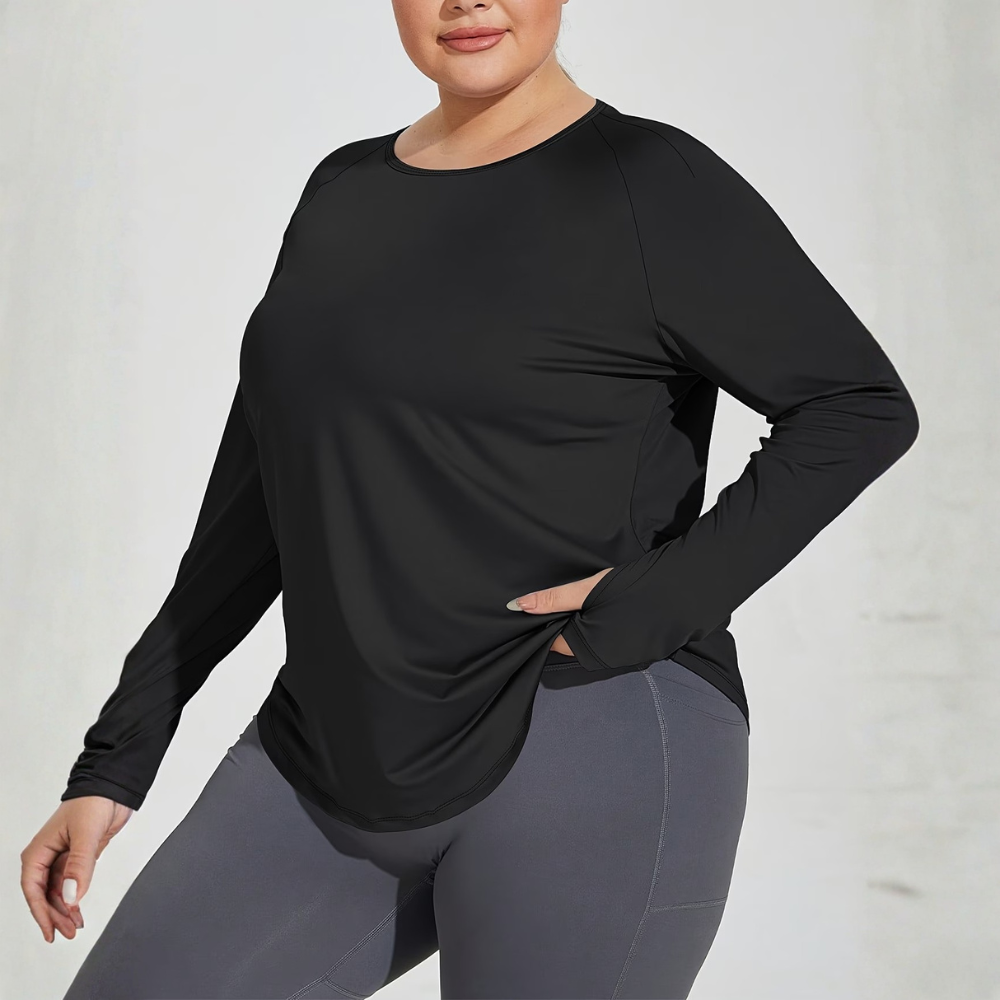 Plus Size Long Sleeve Workout Top for Women – Round Neck Gym Top with Thumb Holes
