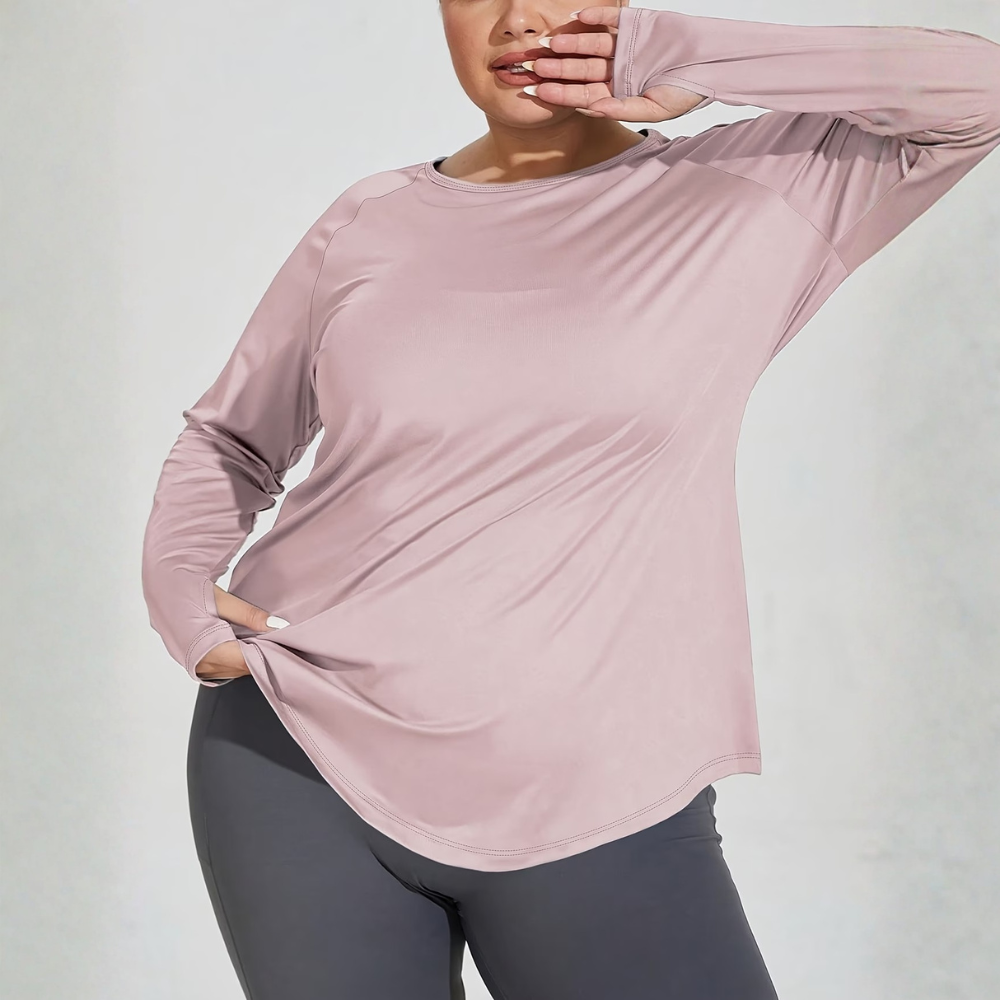 Plus Size Long Sleeve Workout Top for Women – Round Neck Gym Top with Thumb Holes